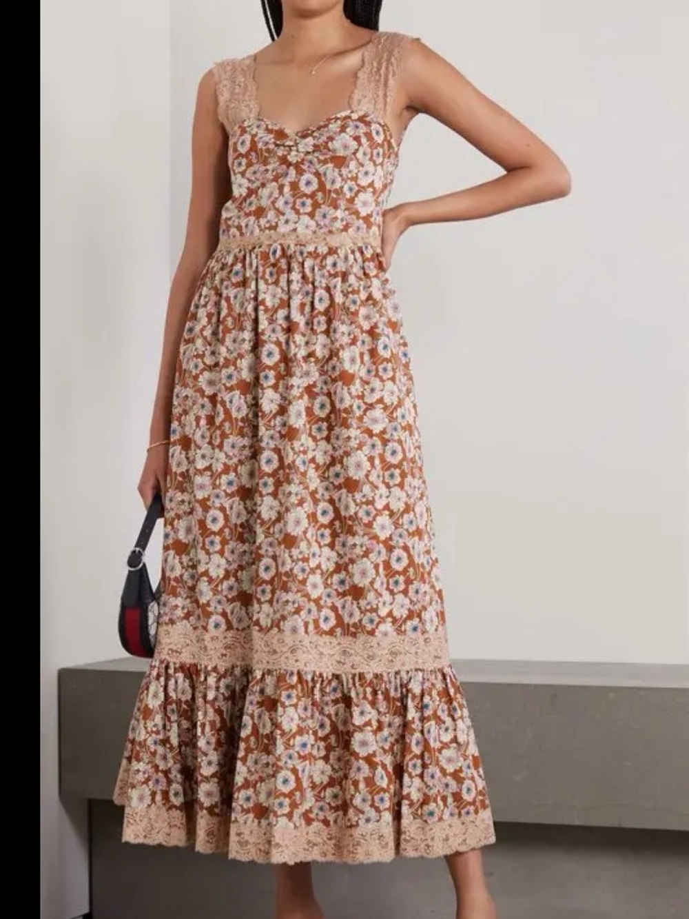 Gucci Brown Floral Maxi Dress with Cream Lace